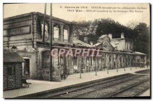 Old Postcard Senlis incendte by Alemands The Army Station