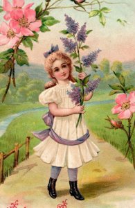 C. 1910 Cute Girl Lilacs Tea Roses Embossed Valentine Vintage Postcard P98