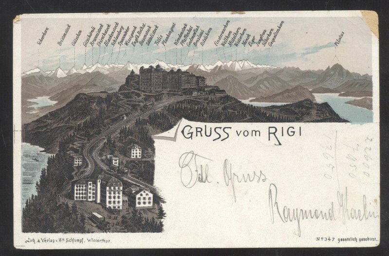 1901 GRUSS VOM RIGI SWITZERLAND BIRDSEYE VIEW VINTAGE POSTCARD