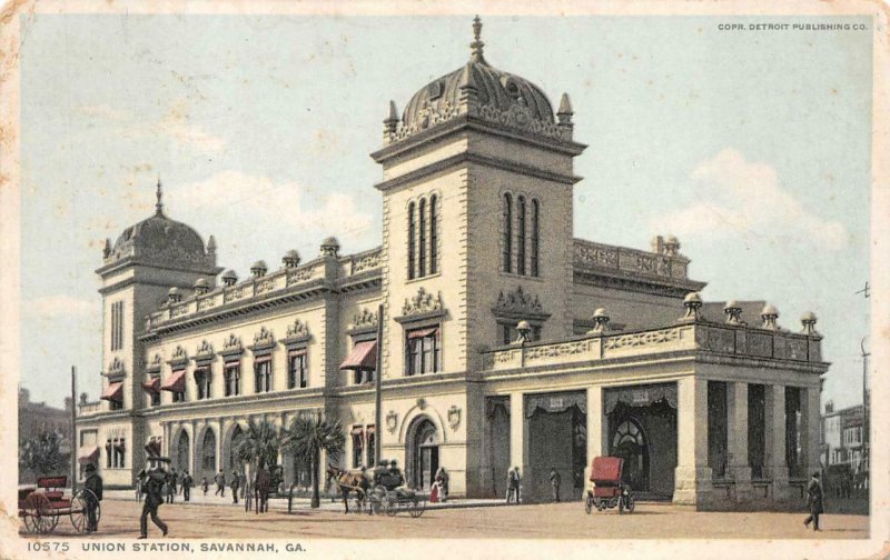 UNION STATION SAVANNAH GEORGIA TRAIN DEPOT  TROLLEY HORSES POSTCARD 1915