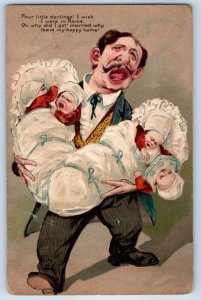1918 Man With Four Little Darlings Baby Quadruplets Embossed PFB Posted Postcard
