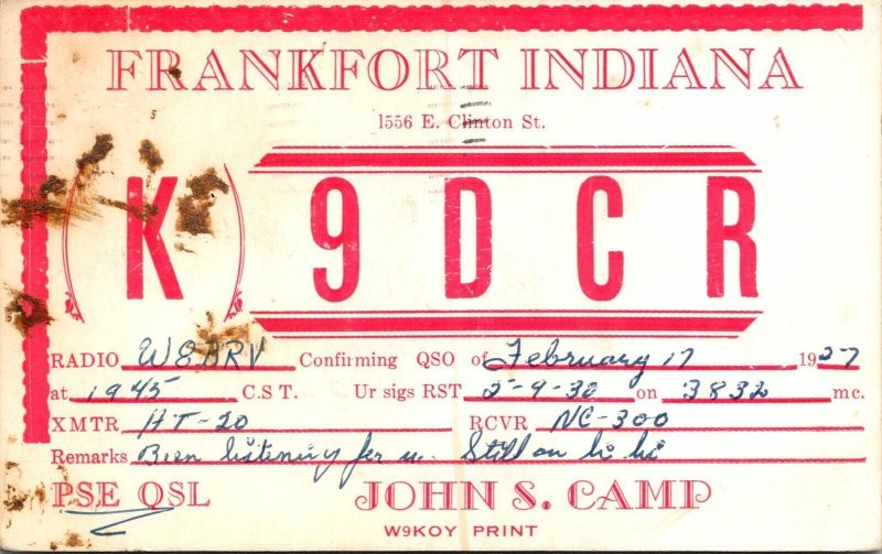 VINTAGE POSTCARD HAM RADIO CALLING CARD (K)9DCR FROM FRANKFORT INDIANA 1957