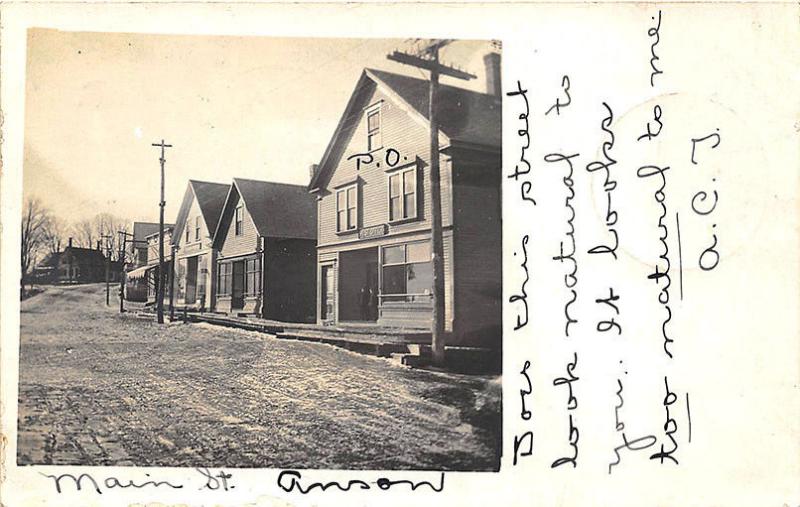 North Anson ME Dirt Main Street Store Fronts Post Office in 1905 RPPC Postcard