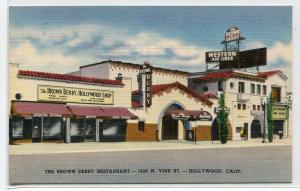 Brown Derby Restaurant Shop N Vine Hollywood California linen postcard