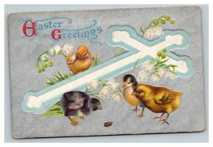 Vintage 1900's Easter Postcard Blue Cross Cute Chicks White Flowers Silver Face