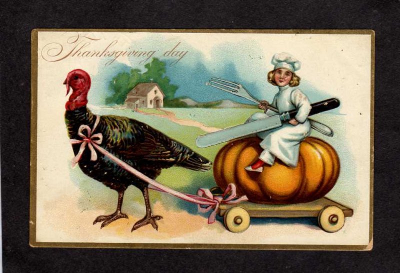 Thanksgiving Day Greetings Turkey Pulling Cart Woman Sitting Pumpkin Tuck's Chef