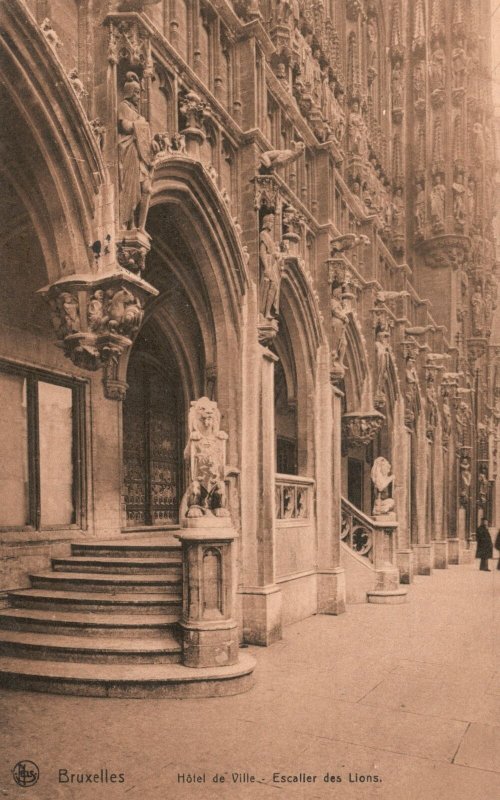 Vintage Postcard 1911 View Hotel de Ville Escaller des Lions Bruxelles Belgium