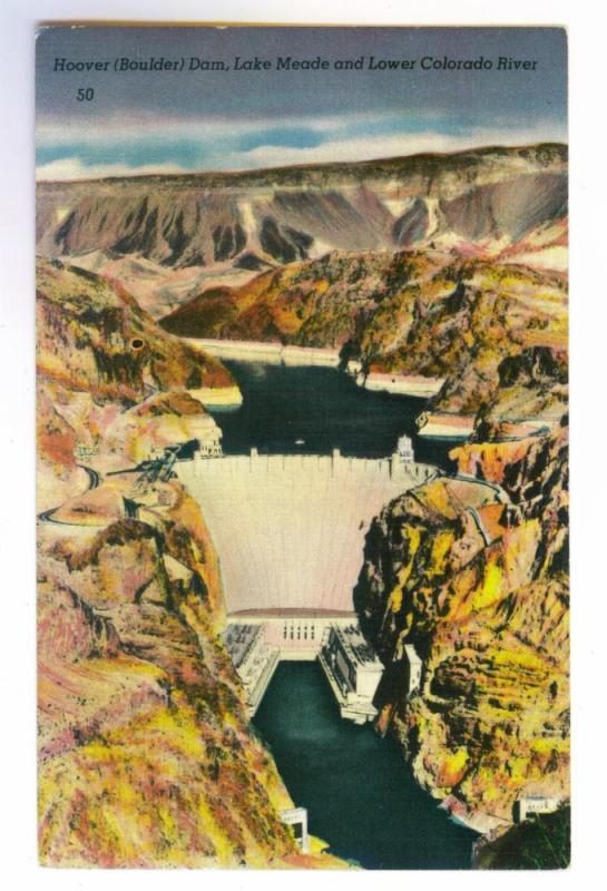 Hoover (Boulder) Dam, Lake Mead & Colorado River unused Linen Postcard