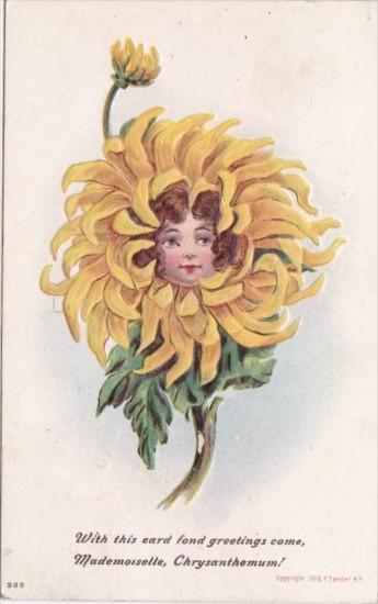 Fond Greetings From Mademoiselle Chrysanthemum With Young Girl's Face 1910