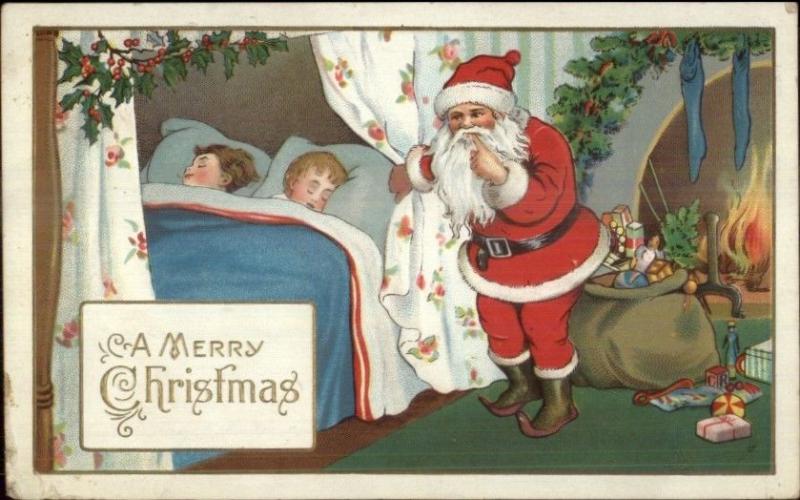 Christmas - Santa Claus Sleeping Boys - Series 55C c1915 Postcard