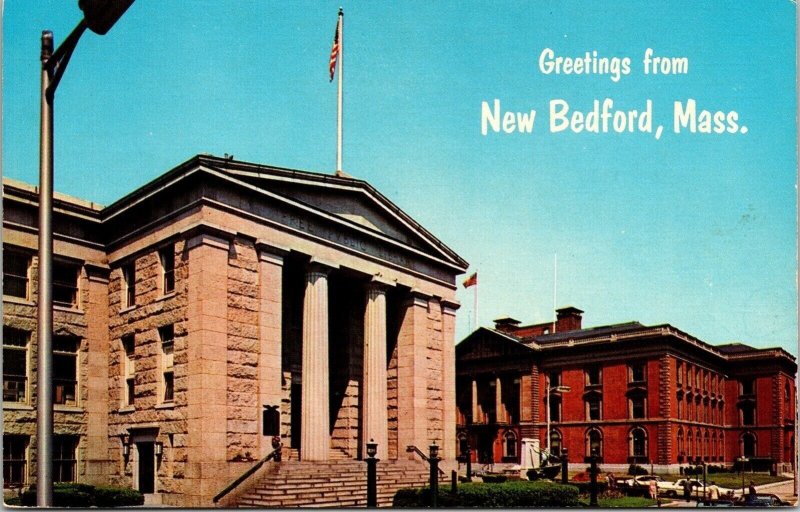 Greetings New Bedford Massachusetts MA Public Library City Hall VTG Postcard UNP 