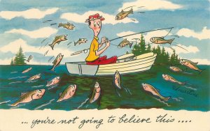 Fisherman, Fish Jumping at Bait You're not going to believe this, Comic Postcard