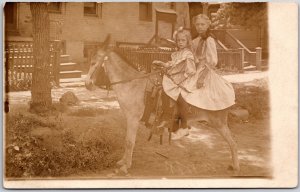 Siblings Horse Back Riding Outside House Photography Real Photo RPPC Postcard