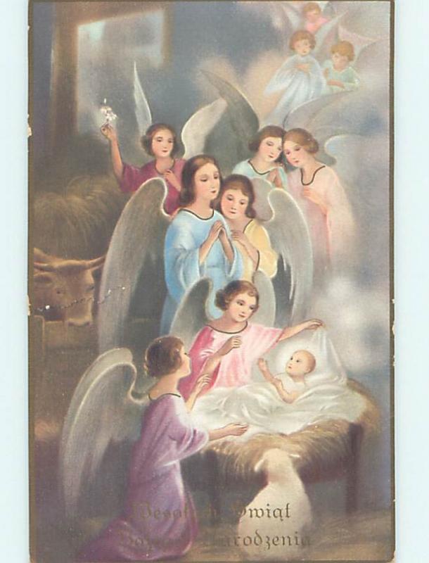 Pre-Linen foreign PRETTY ANGELS VISIT BABY JESUS IN NATIVITY MANGER HJ4665