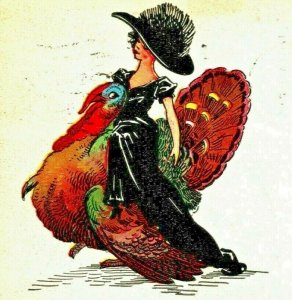 Two Beauties Woman in Black Riding Turkey Thanksgiving Greetings 1914 Postcard