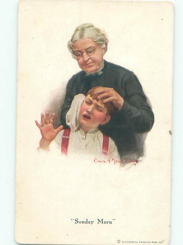 Pre-Linen Comic signed BOY DOESN'T WANT MOM CLEANING HIS FACE ON SUNDAY AB8861