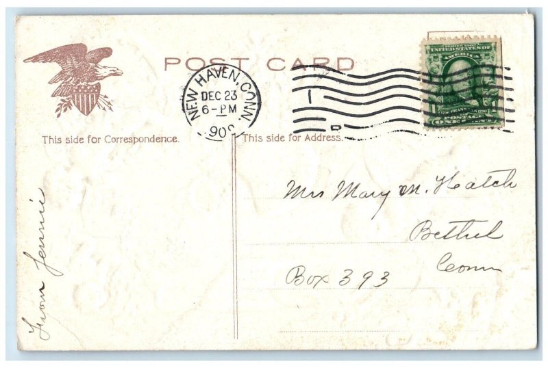 1909 Christmas Floating Angels Ringing Bells Berries Embossed Antique Postcard 