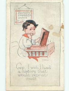 Pre-Linen signed BOY READS BOOK AT HIS SCHOOL DESK J3353