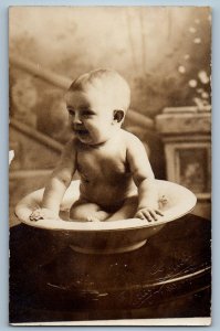 c1910s Cute Fat Baby Smiling On Pot Geneva Blanchard Wray OR RPPC Photo Postcard