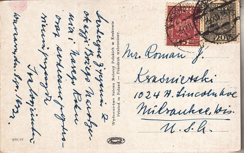 Poland Wesolych Swiat Post Card 1933 to US