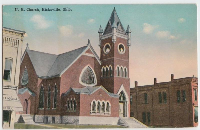 c1910 HICKSVILLE Ohio Postcard UB CHURCH Buildings DEFIANCE COUNTY