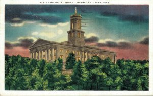 USA State Capitol At Night Nashville Tennessee Linen Postcard 08.20