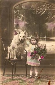 Little Girl and her Dog\ Vintage French Postcard