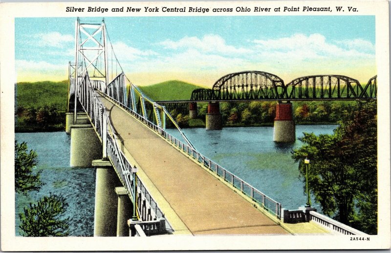 Postcard WV Point Pleasant Silver Bridge and New York Central Bridge