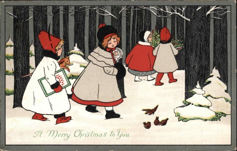 Christmas Little Girls Toy Horse Art Deco Winter Scene c1910 Postcard