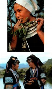 Dong Girl eating berries, Buyi Girls Talking China Lot of 2 Asian Postcards
