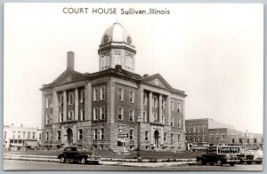 Sullivan Illinois 1940s RPPC Real Photo Postcard Court House Cars Street Scene