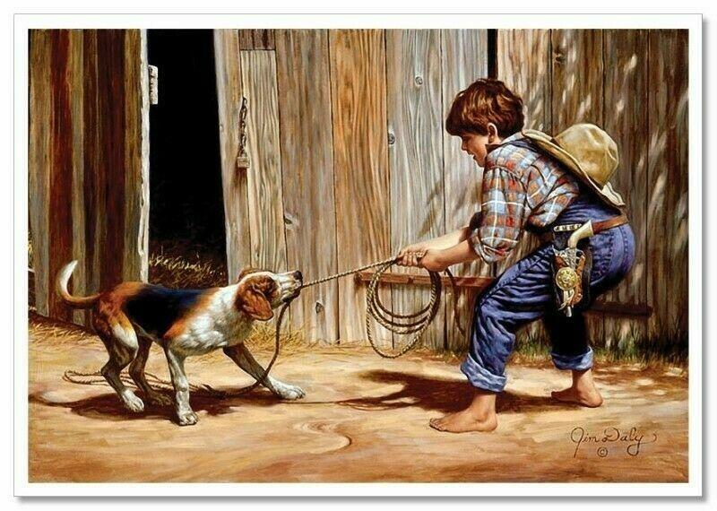 Little Boy Cowboy and the dog pulls the lasso by JIM DALY KIDS Modern Postcard