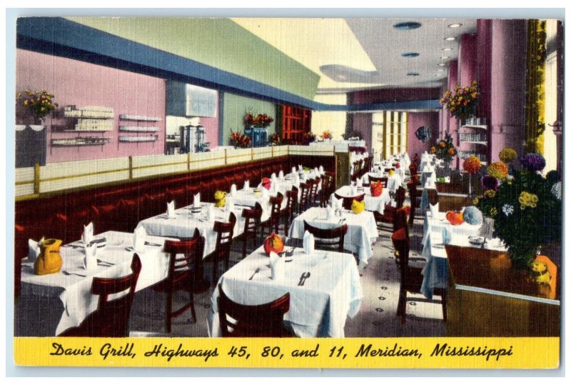 c1950's Davis Grill Highways 45 80 11 Meridian Mississippi MS Postcard