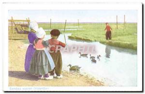 Old Postcard Netherlands Eendjes Voeren Windmill Moulin Holland Folklore Costume