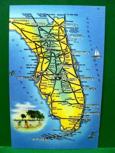 Postcard FL State Map With Roads and Towns Vintage Linen