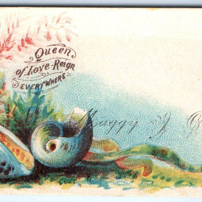 c1880s Maggy Orr Calling Trade Card Queen of Love, Sea Shell Litho Visiting C1