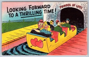 Looking Forward to A Thrilling Time! Tunnel Of Love, 1940s Linen Comic Postcard