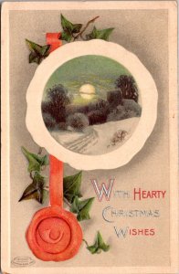 Snowy Scene, With Hearty Christmas Wishes Embossed Vintage Postcard Y47