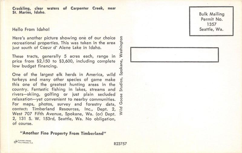 St Maries Idaho~Carpenter Creek in Wilderness~Timberline Advertisement Bk~1950s