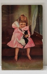 Sharing A Meal, James Lee Art, Child Bottle Feeding Kitten pre 1907 Postcard B8
