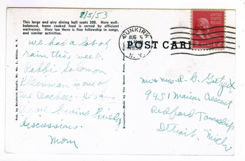 Dunkirk, New York to Detroit, Michigan 1953 Postcard, Conference Grounds