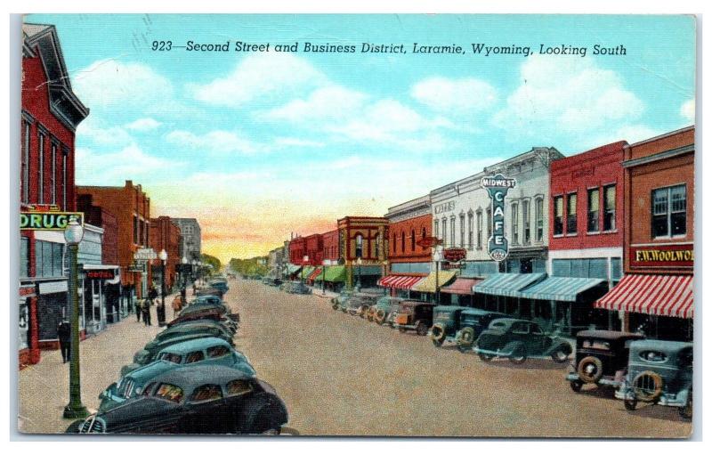 Mid-1900s Second Street Business District, Midwest Cafe, Laramie, WY Postcard