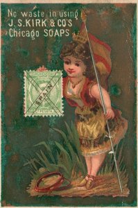 1880s-90s No Waste in Using J.S. Kirk & Co Chicago Soap Young Girl Holding Flag