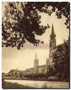 Old Postcard Lourdes Basilica and cave views of the Gave