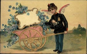 Valentine Little Boy Soldier Fairy with Chest of Letters c1910 Vintage Postcard