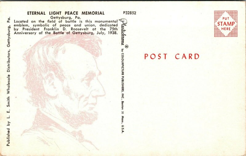 Vtg Gettysburg PA Eternal Light Peace Memorial Civil War Battlefield Postcard