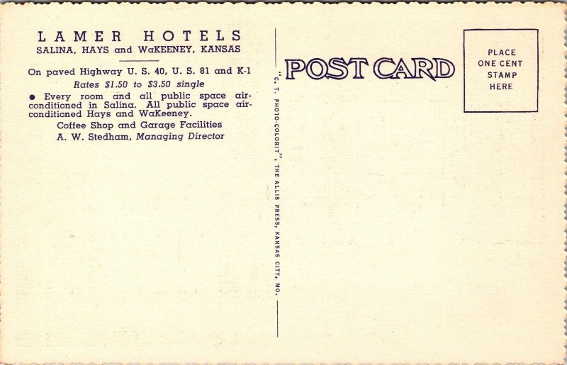Linen Postcard Lamer Hotel US 40, US 81 and K-1 in Hays, Kansas