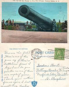 12 INCH GUN READY FOR FIRE FORT WRIGHT FISHERS ISLAND N.Y. 1936 VINTAGE POSTCARD