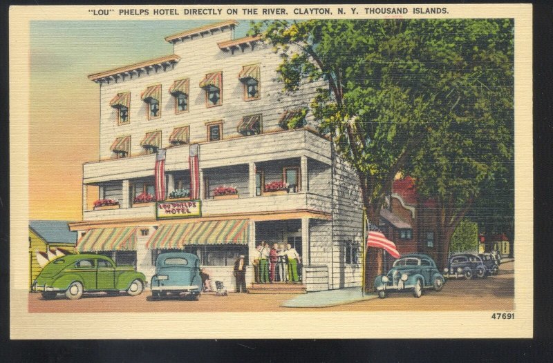 CLAYTON NEW YORK THOUSAND ISLANDS LOU PHELPS HOTEL OLD CARS VINTAGE POSTCARD