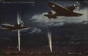 WWII Night Flight US Army Plane Bombers Linen Vintage Postcard